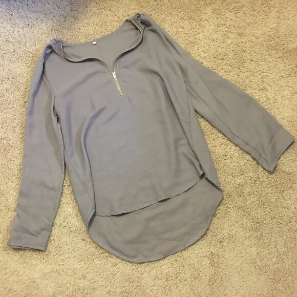 Grey Semi Sheer Lightweight Zip Collar Droptail Hem Blouse - Picture 12 of 16